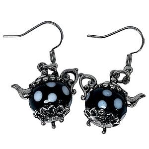 Polka dot glass black & white teapot dangly charm earrings NEW